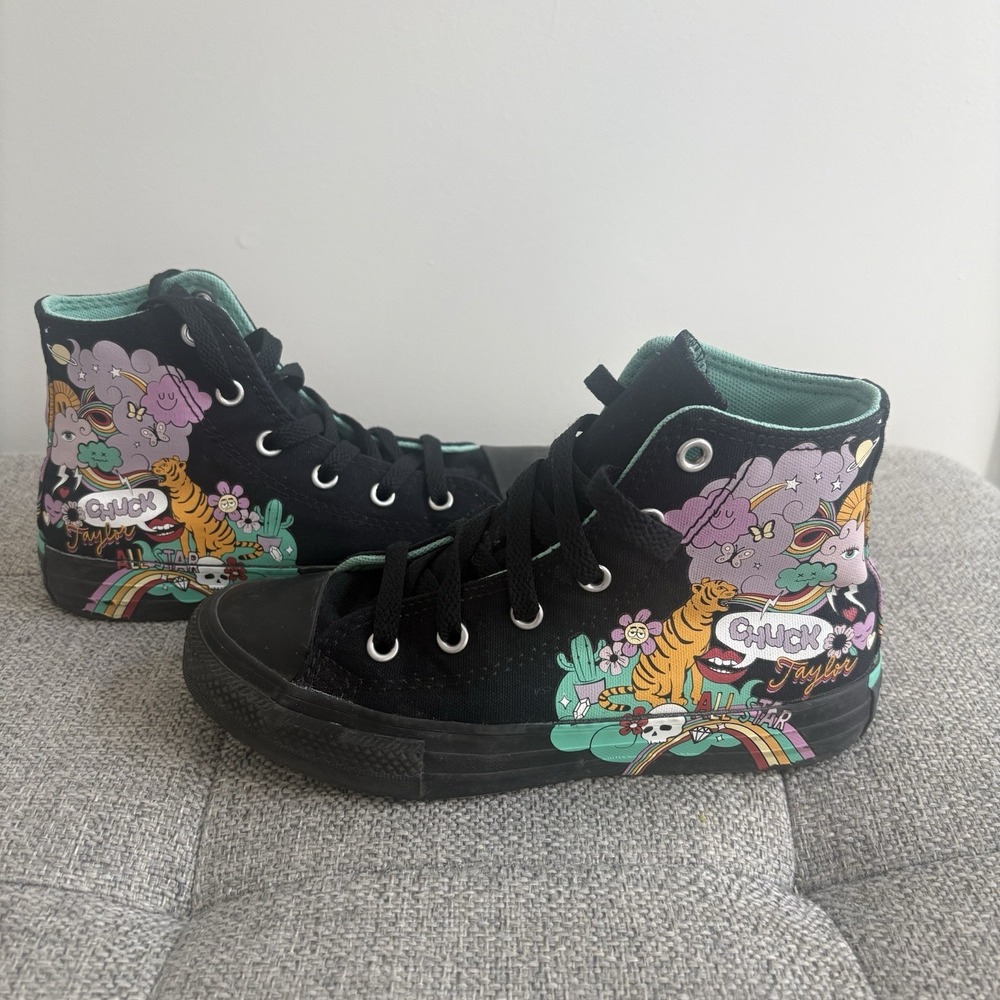 Converse High Top LaceUp Chuck Taylor Black Artwork Drawing Youth Sz1